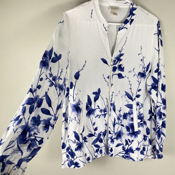 Chicos' Jacket Full Zip Floral White Blue 100% Cotton Comfort sz 3 / XL - Picture 2 of 8